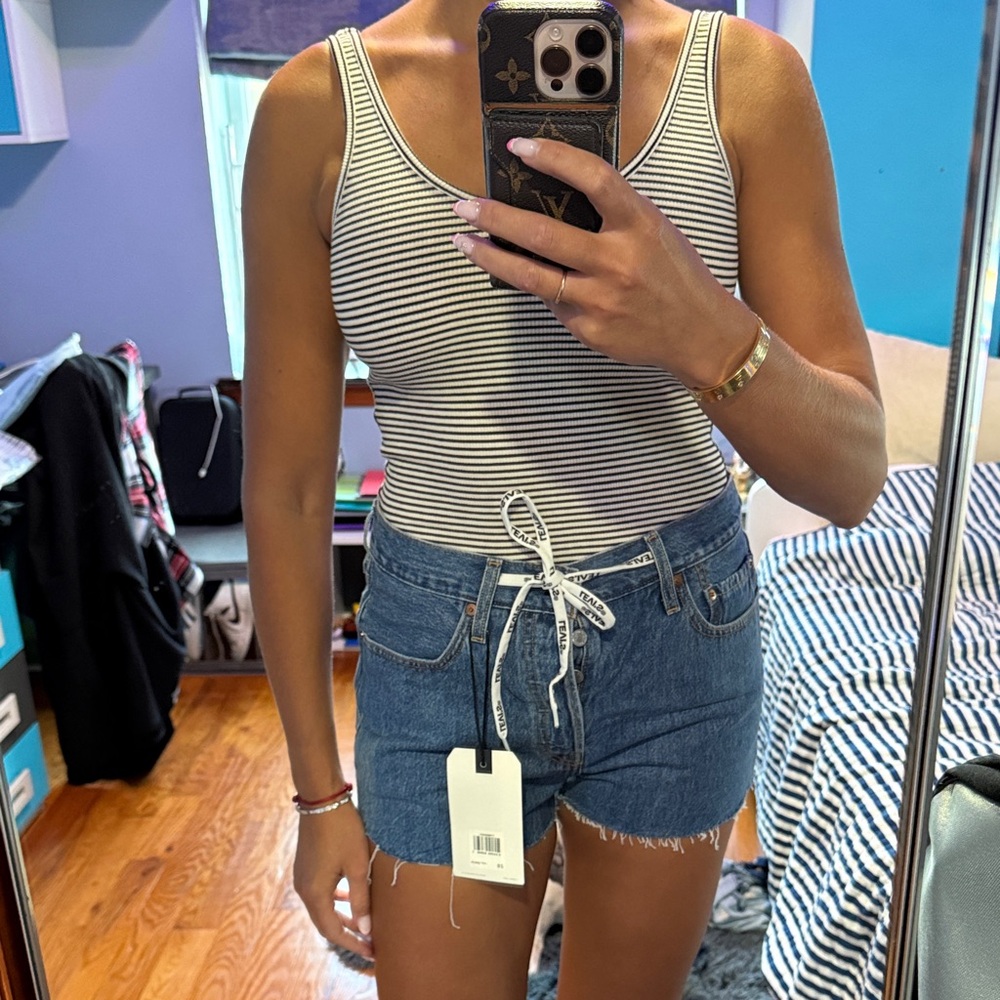Outfit: Levi's Blue Jean Shorts and Striped tank top